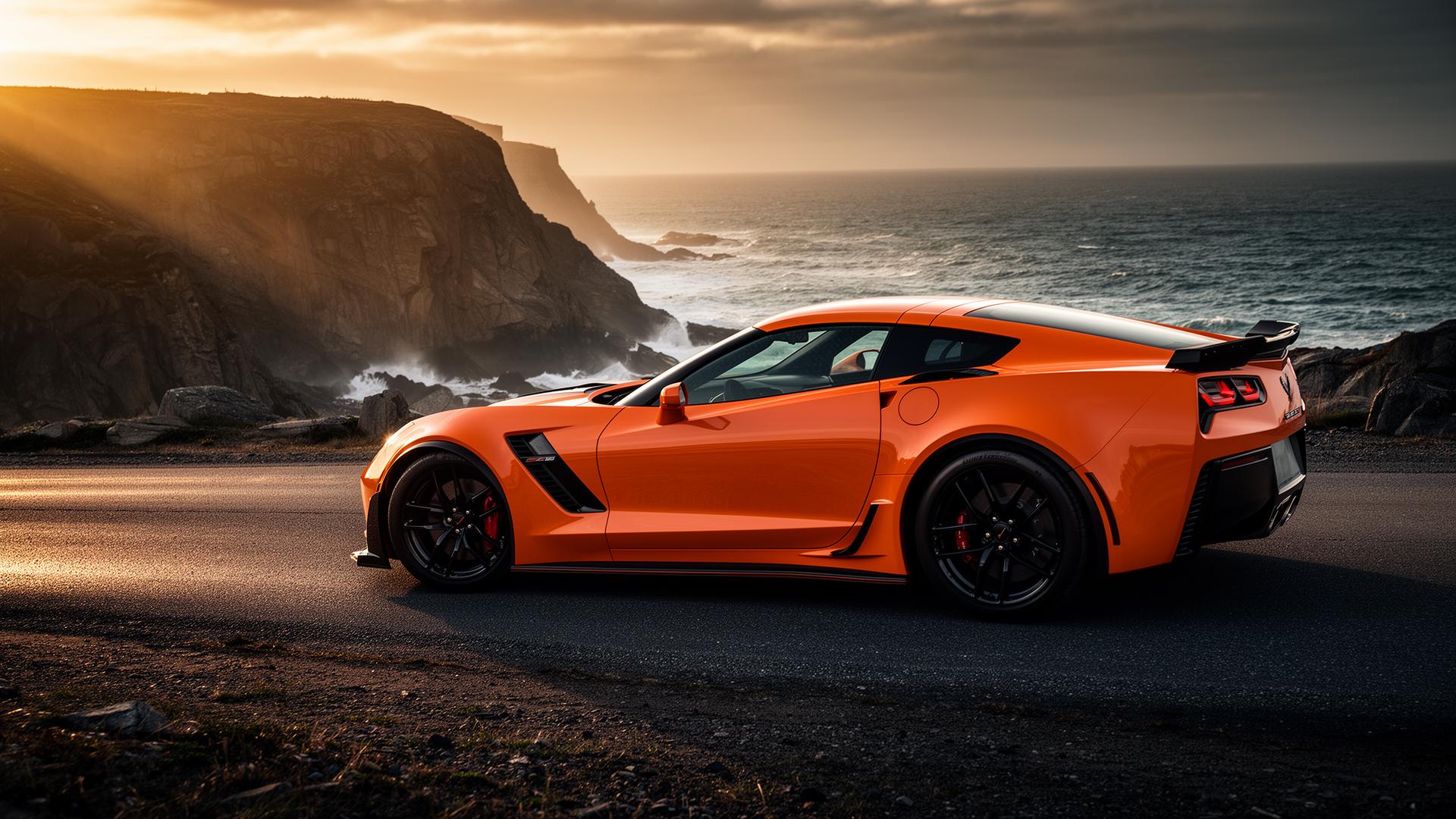 Orange Corvette Z06 on Nova Scotia coastline